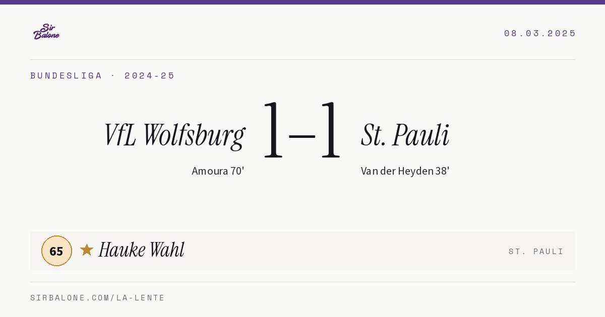 VfL Wolfsburg 1–1 St. Pauli, Bundesliga 2024-25. Figura: Hauke Wahl, 65