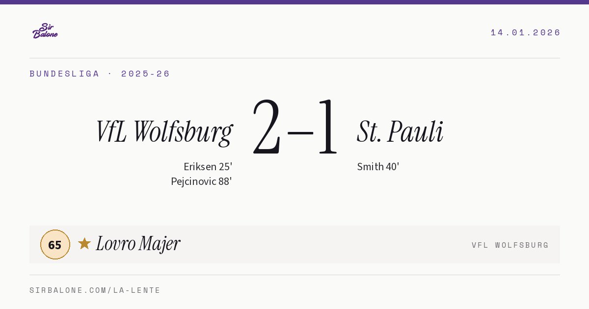 VfL Wolfsburg 2–1 St. Pauli, Bundesliga 2025-26. Player of the match: Lovro Majer, 65
