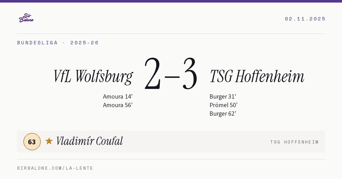 VfL Wolfsburg 2–3 TSG Hoffenheim, Bundesliga 2025-26. Figura: Vladimír Coufal, 63