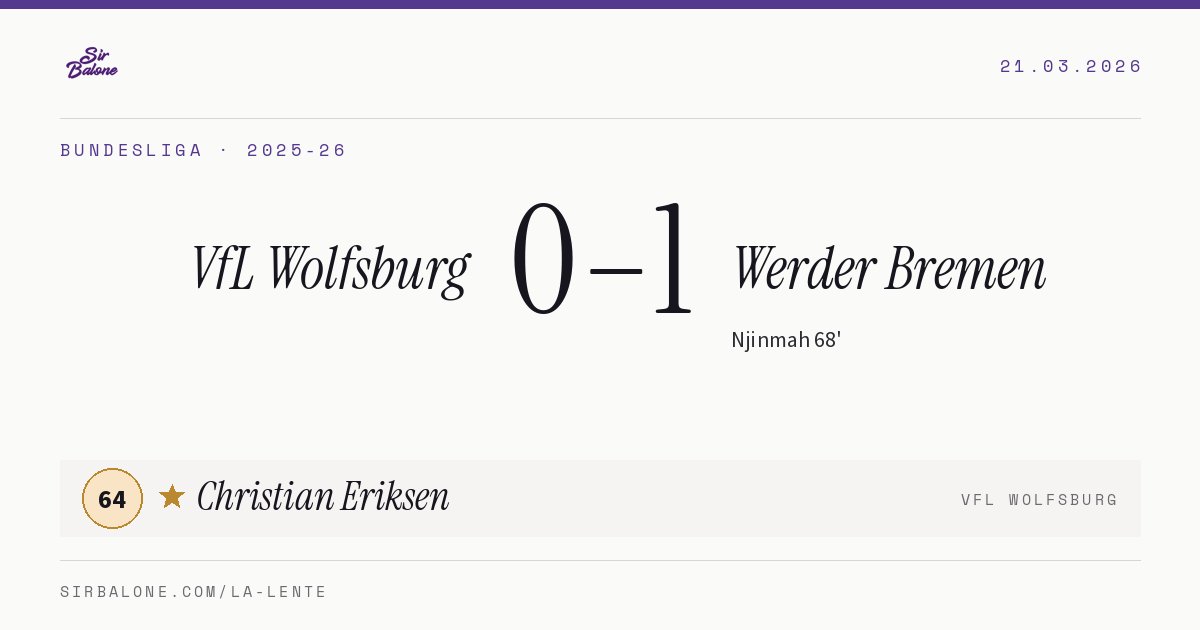 VfL Wolfsburg 0–1 Werder Bremen, Bundesliga 2025-26. Figura: Christian Eriksen, 64