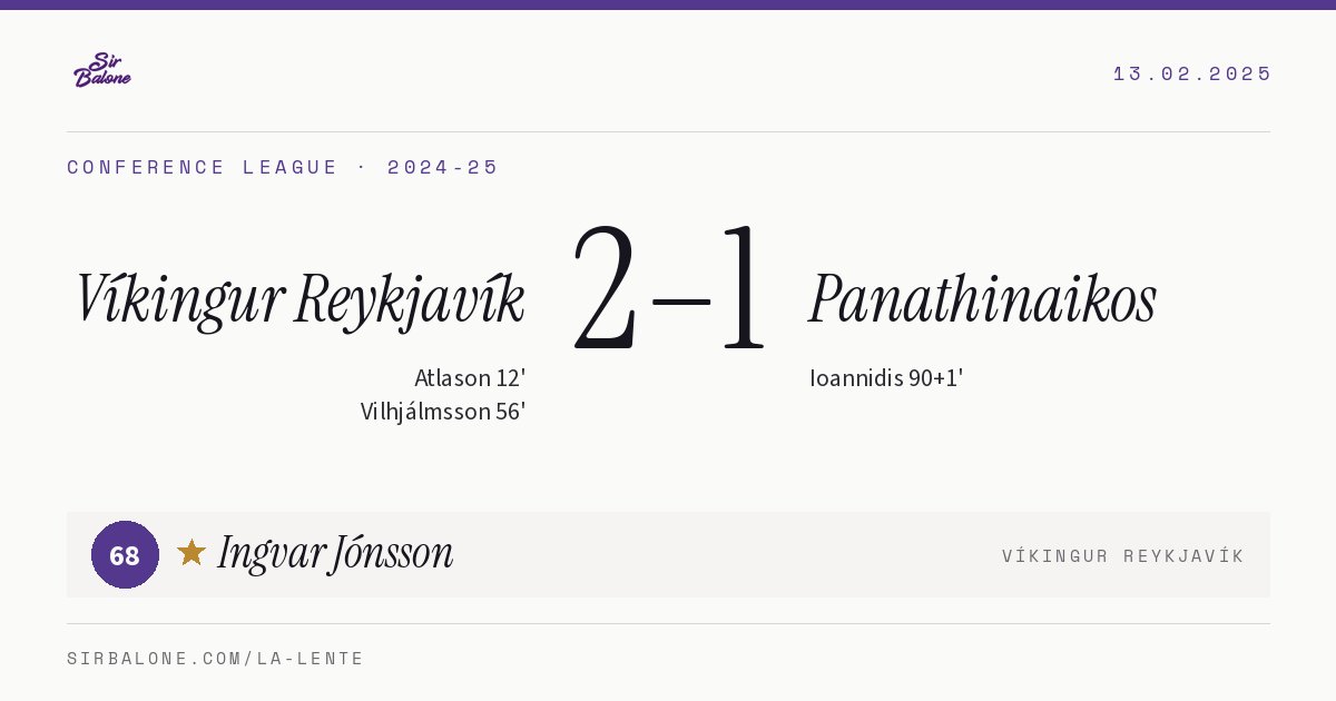 Víkingur Reykjavík 2–1 Panathinaikos, Conference League 2024-25. Figura: Ingvar Jónsson, 68