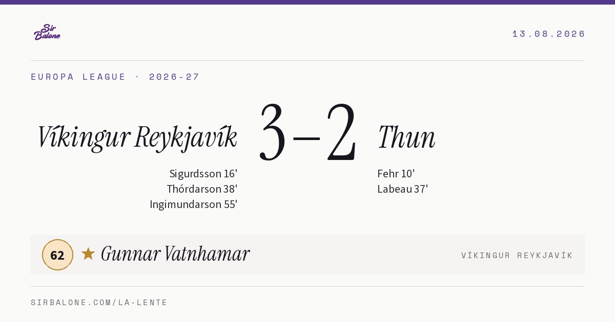 Víkingur Reykjavík 3–2 Thun, Europa League 2026-27. Figura: Gunnar Vatnhamar, 62