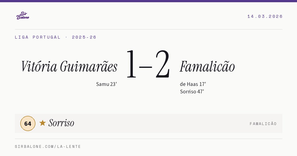 Vitória Guimarães 1–2 Famalicão, Liga Portugal 2025-26. Figura: Sorriso, 64
