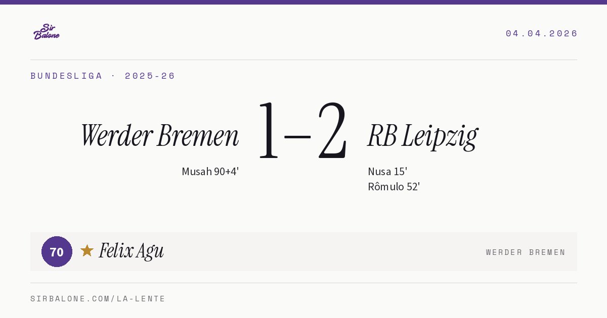 Werder Bremen 1–2 RB Leipzig, Bundesliga 2025-26. Figura: Felix Agu, 70