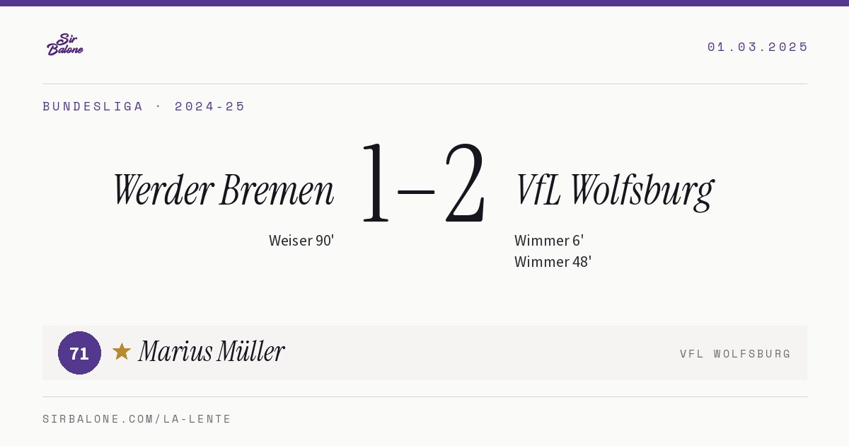 Werder Bremen 1–2 VfL Wolfsburg, Bundesliga 2024-25. Figura: Marius Müller, 71