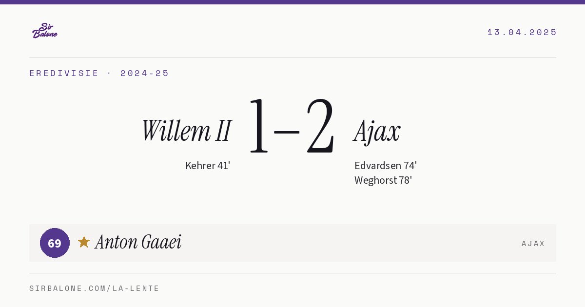 Willem II 1–2 Ajax, Eredivisie 2024-25. Figura: Anton Gaaei, 69