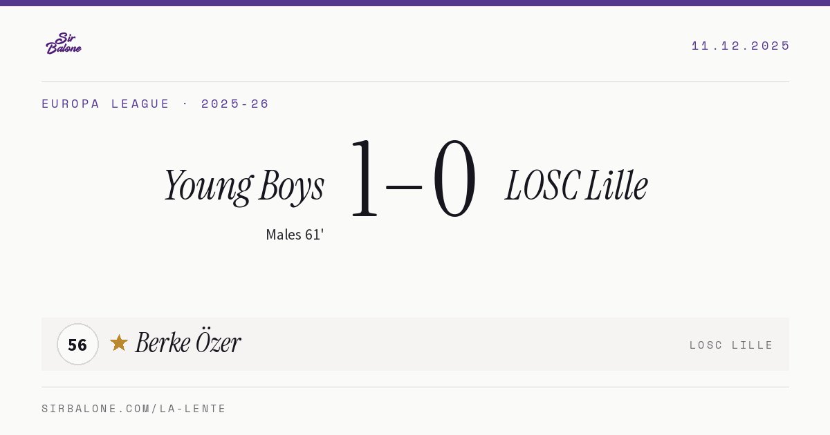 Young Boys 1–0 LOSC Lille, Europa League 2025-26. Figura: Berke Özer, 56