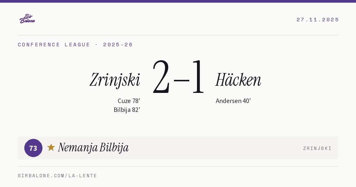 Zrinjski 2–1 Häcken, Conference League 2025-26. Figura: Nemanja Bilbija, 73